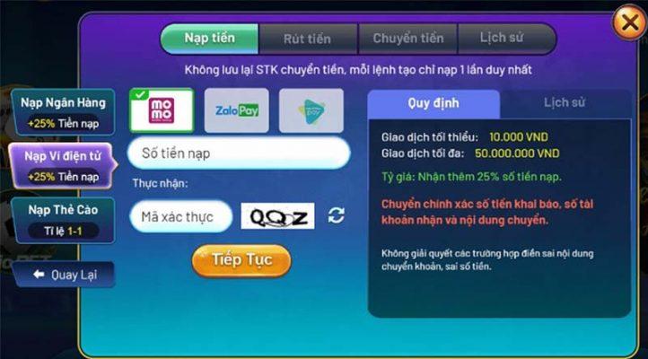 Nạp tiền bằng Ví điện tử vào Vinh club