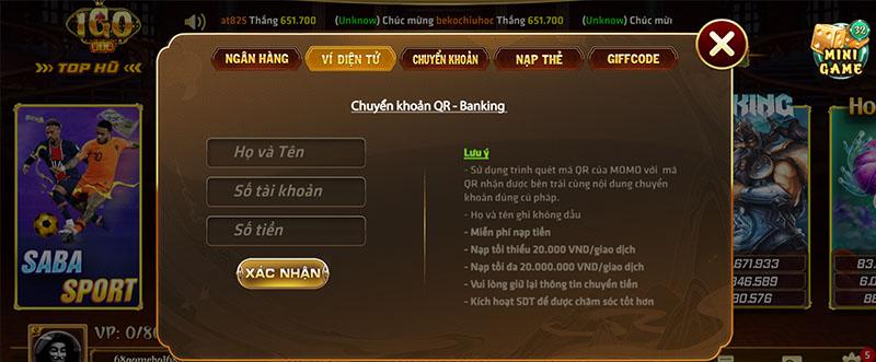 Nạp tiền iGo qua ví điện tử