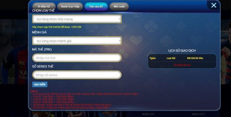 nạp tiền saba68 bằng thẻ cào